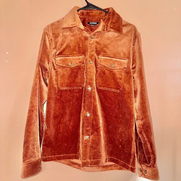 Express Corduroy Mens Long Sleeve Button Down Heavy Flannel Burnt Orange - Small - Picture 1 of 8